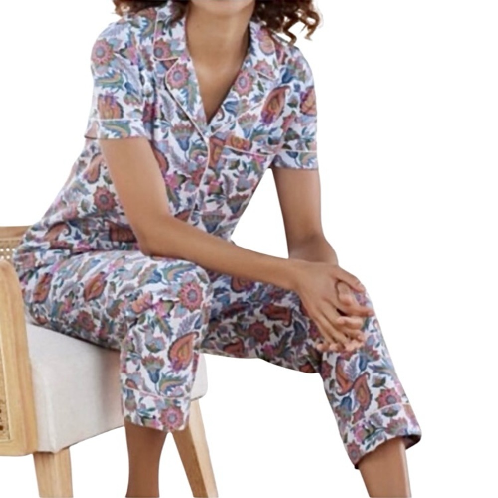 Soft Surroundings Harbour Orleans Blue Floral Paisley Button Up Crop Pajama Set - Picture 14 of 14